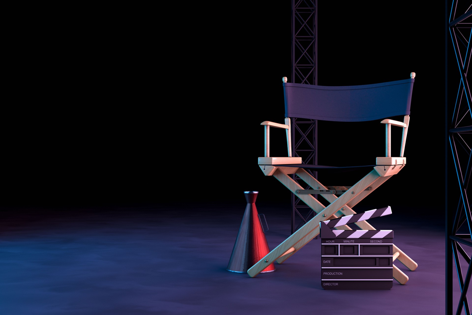 Director Chair, Movie Clapper and Megaphone with neon lights on black background